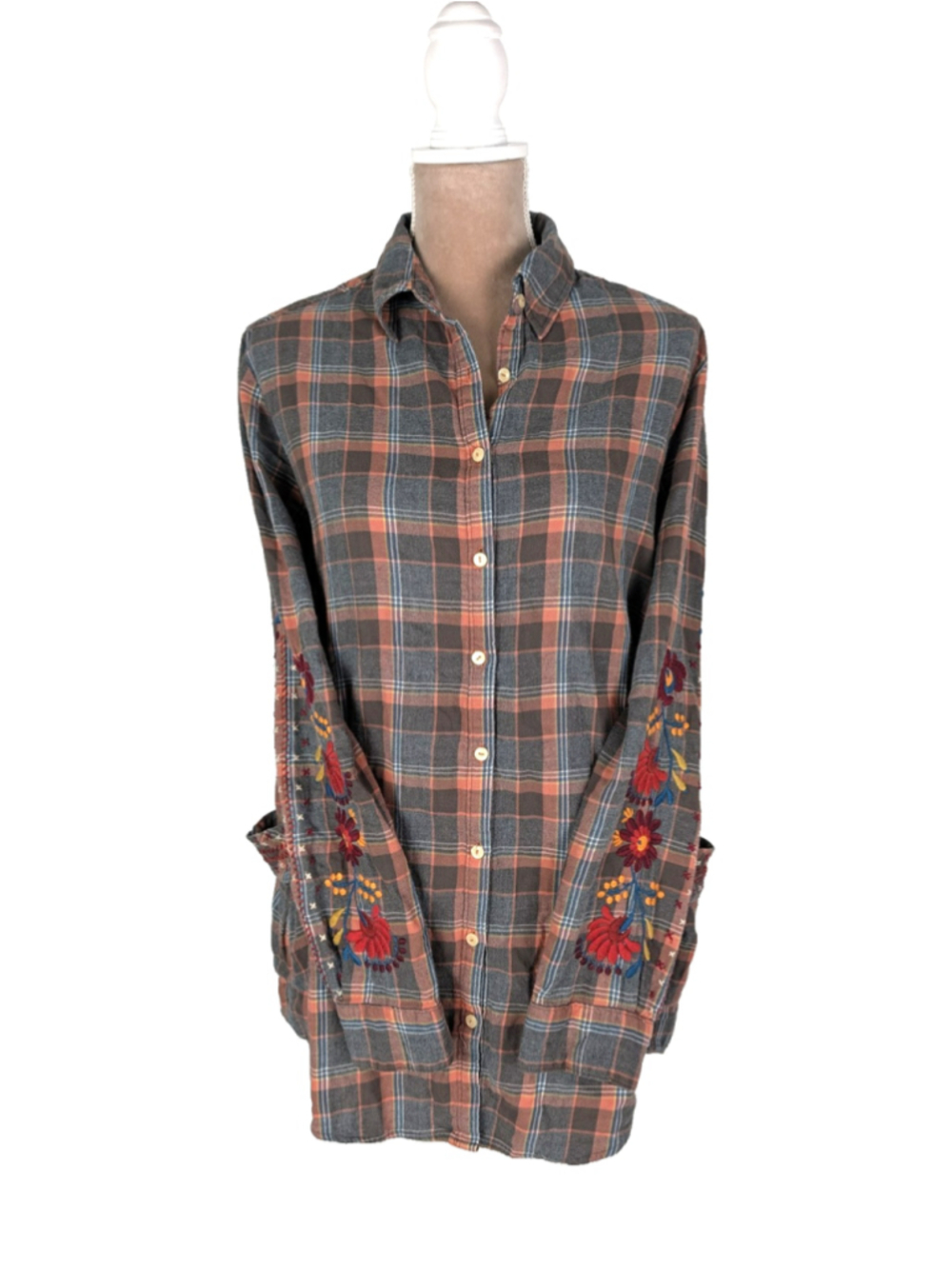 Johnny Was 3J Workshop Embroidered Flannel Plaid Tunic Shirt Tartan Boho 90's